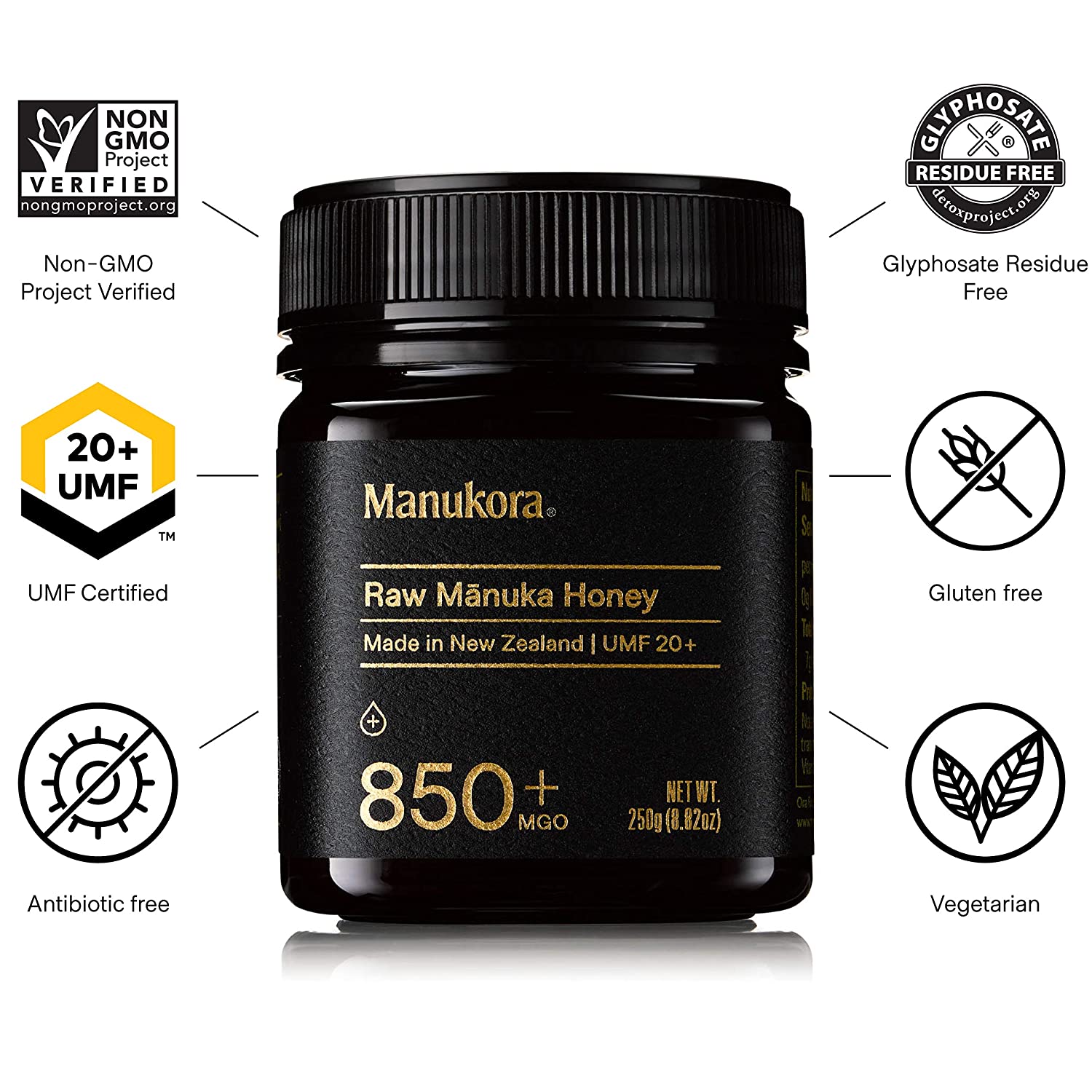 Manukora UMF 20+/MGO 850+ Raw Mānuka Honey (250g/8.8oz) Authentic Non-GMO New Zealand Honey, UMF & MGO Certified, Traceable from Hive to Hand